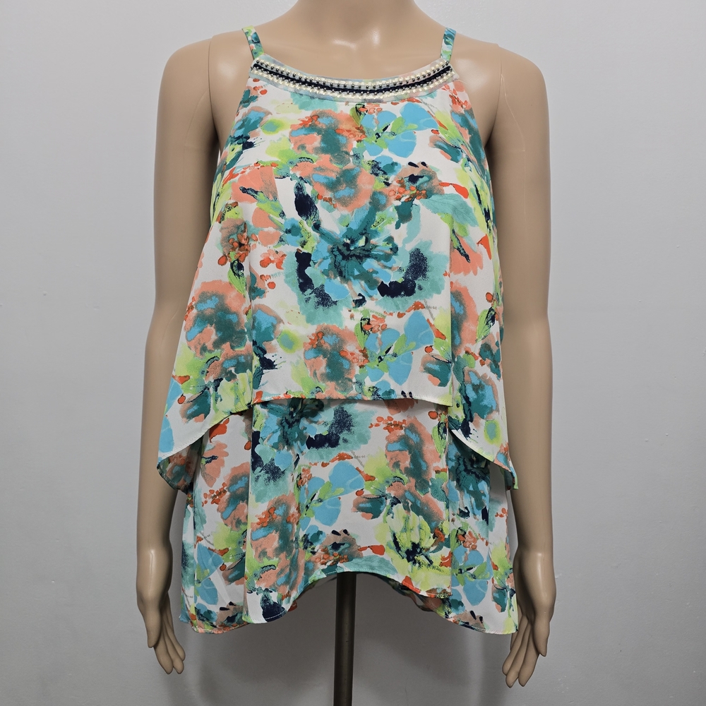 IZ Byer XL Watercolor Print Layered Tank Top – Beaded Detail - Picture 2 of 8